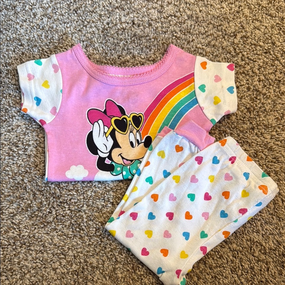 Disney Minnie Mouse Pink and White Pajama Set with Rainbow Hearts